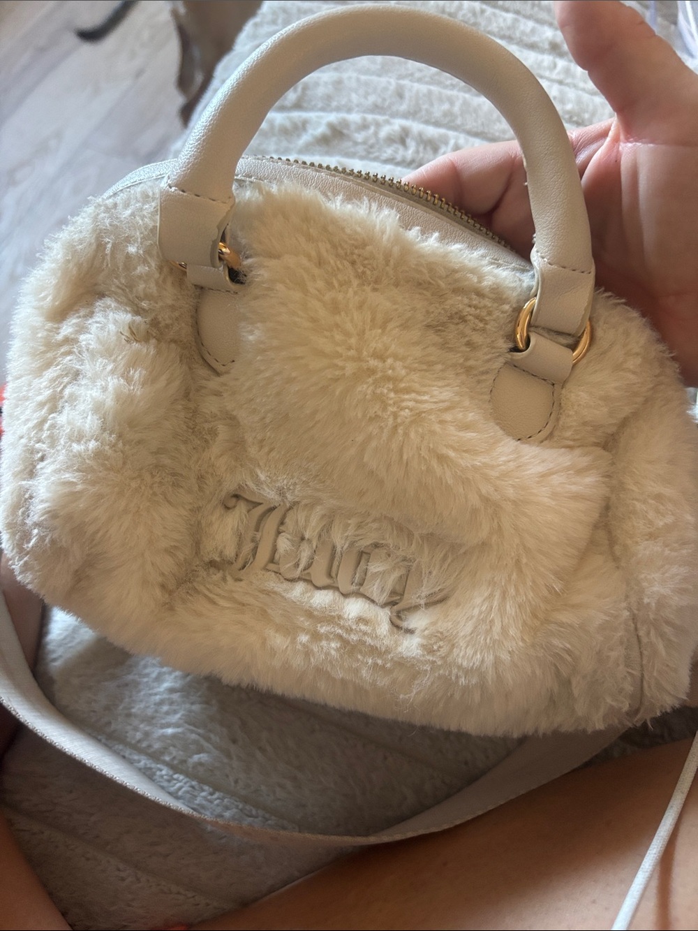 Juicy Couture Cream Faux Fur Mini Top-Handle Bag